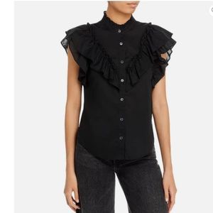 Veronica Beard Jaliyah Ruffle Trim Cotton Sheer Button-Down Blouse Black Size XS